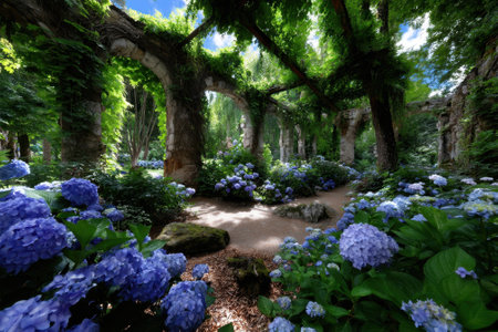 Delicate blue hydrangeas flourish in a serene garden, surrounded by verdant foliage and historical arches.の写真素材