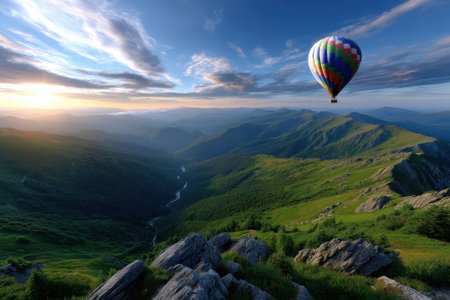 A vibrant hot air balloon floats gracefully over lush green mountains as the sun sets, casting warm light.の写真素材