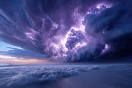 Massive purple clouds filled with lightning loom over a tranquil ocean at sunset, creating a striking contrast.の写真素材