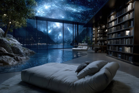 A serene, modern room features a large window overlooking a starry night sky and tranquil water.の写真素材