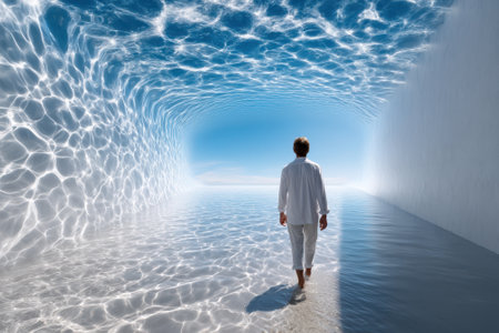A person strolls through calm water in a dreamlike landscape with walls reflecting light and waves.の写真素材