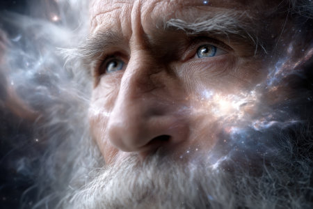 An elderly man with a beard gazes thoughtfully into the vastness of space, surrounded by swirling stars.の写真素材