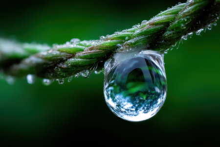 A large water droplet clings to a green plant surrounded by smaller droplets, capturing the lush forest backdrop.の写真素材