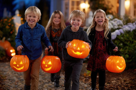 Four joyful children walk together, carrying glowing pumpkin lanterns, enjoying Halloween festivities outdoors.の写真素材