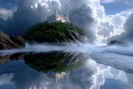 A stunning castle rests on a verdant hill, mirrored perfectly in the tranquil waters below with clouds above.の写真素材