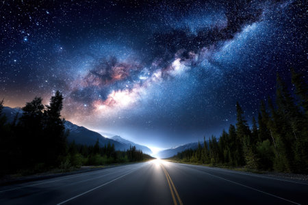 A long, empty road stretches into the distance under a dazzling Milky Way sky at night.の写真素材