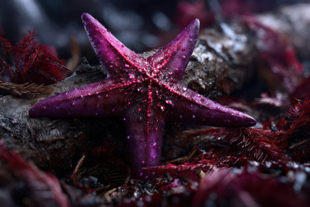 A vibrant purple starfish rests on a rugged ocean floor, surrounded by red seaweed and marine elements.の写真素材