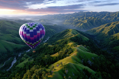 A vibrant hot air balloon drifts above rolling green hills, surrounded by misty mountains at dawn.の写真素材