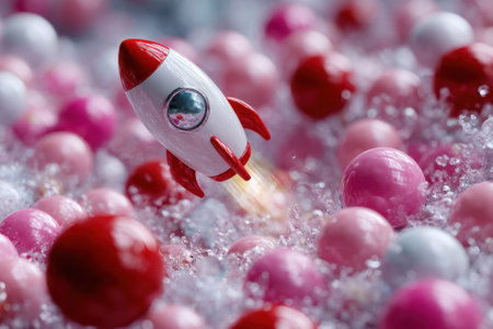 A small red and white rocket is taking off surrounded by colorful spheres on a playful surface.の写真素材