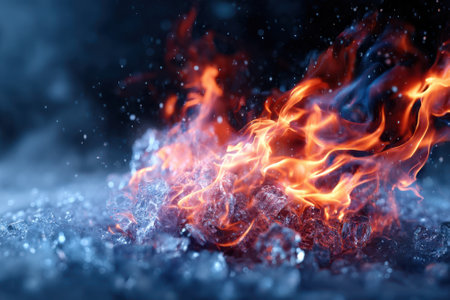Bright flames dance atop glistening ice, creating a captivating contrast of heat and cold in a striking visual.の写真素材