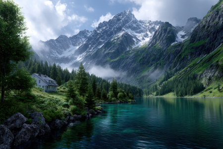 Lush green mountains rise majestically around a tranquil lake, with a charming house nestled in the trees.の写真素材