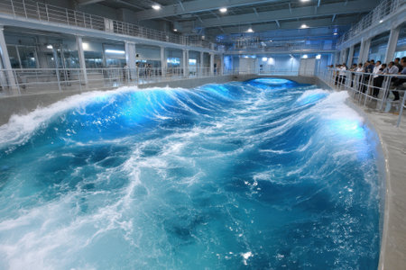 Visitors observe impressive artificial waves created in a large facility dedicated to surf simulation.の写真素材