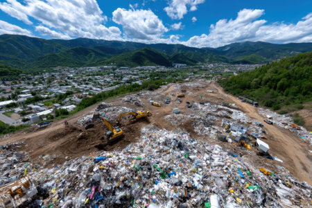 Heavy machinery works to manage large piles of waste in a mountainous area surrounding a town.の写真素材