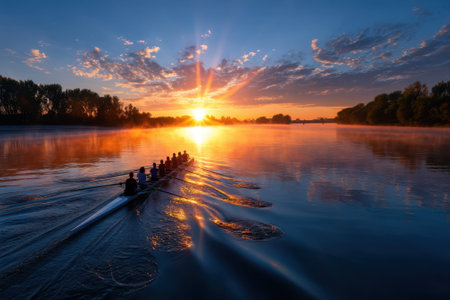 A group of rowers moves smoothly on a tranquil river as the sun rises, casting colorful reflections on the water.の写真素材