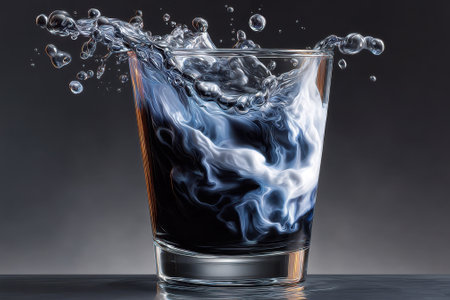 Water swirls dramatically in a glass, showing mesmerizing movements and reflections of light.の写真素材