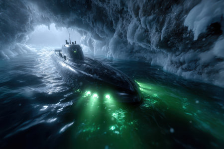 A submarine glides through a dark icy cave, powerful lights illuminating the water, creating a mysterious atmosphere.の写真素材