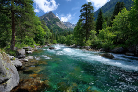 A clear river flows swiftly through a vibrant green forest surrounded by towering mountains under a bright sky.の写真素材