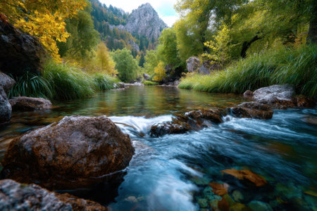 Crystal-clear waters of a river cascade over rocks, surrounded by lush autumn foliage and mountains.の写真素材