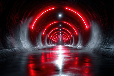 A long, dark tunnel features vivid red neon lighting along its arches, creating an eerie atmosphere.の写真素材