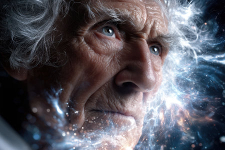An elderly man gazes thoughtfully into the distance, surrounded by a cosmic swirl of colors and lights.の写真素材