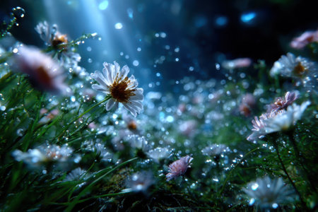 Delicate white flowers with pink accents thrive in a misty forest glen, glowing under beams of soft sunlight.の写真素材