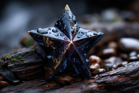 A stunning star-shaped crystal rests among wet stones, shimmering from droplets in a serene natural setting.の写真素材