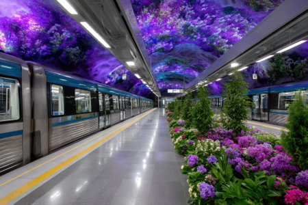 A subway station showcases a stunning floral ceiling design with colorful plants lining the platform.の写真素材