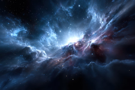 Bright celestial clouds and vivid colors create a mesmerizing nebula in the vastness of space.の写真素材
