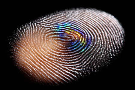 A close-up view of a fingerprint highlighting its unique patterns and colorful reflections under bright light.の写真素材
