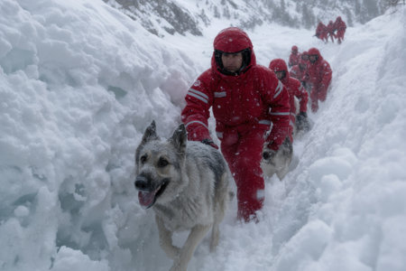 A rescue team wearing red suits travels through deep snow with search dogs to locate stranded individuals.の写真素材