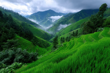 Majestic rice terraces cascade down the hills, embraced by fog and towering mountains, creating a tranquil landscape.の写真素材