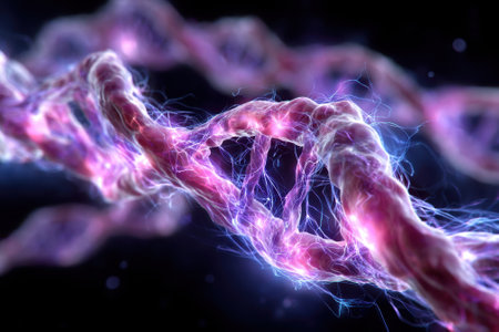 Complex DNA helix illuminated with vibrant colors, showing fine details and scientific beauty in a dark background.の写真素材