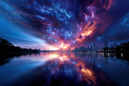 Stunning colors fill the sky as the sun sets behind a city skyline, casting reflections on the water.の写真素材