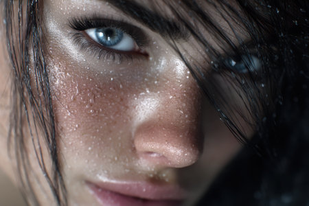 A woman gazes intensely with glistening skin and droplets of water accentuating her features.の写真素材
