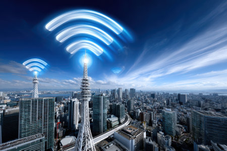 Communication towers rise above a bustling city, sending out signals under a bright blue sky.の写真素材
