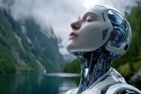 A humanoid robot stands by a tranquil lake, absorbing the beauty of mountains and lush greenery on a sunny day.の写真素材