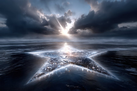 A star-shaped ice formation glistens on the ocean, with dramatic clouds and sunlight breaking through above.の写真素材