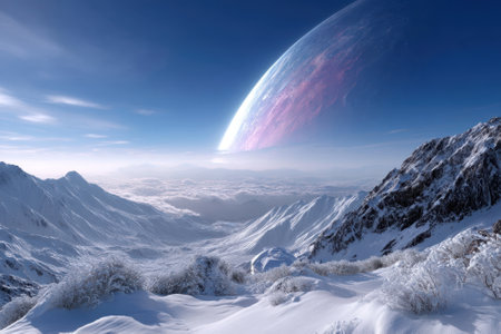 Snow-covered mountains stretch across the landscape, illuminated by bright sunlight.の写真素材