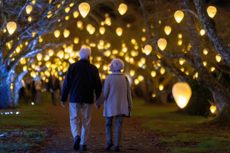 A loving elderly couple strolls hand in hand through a park illuminated by warm lanterns hanging from trees.の写真素材