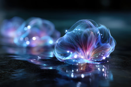Glowing jellyfish drift serenely in dark waters, illuminated by soft, colorful light under a starlit sky.の写真素材