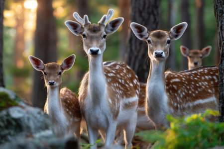 Four deer stand closely together amidst trees in a peaceful forest, illuminated by soft morning light.の写真素材