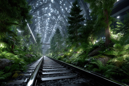 Railway tracks extend into a glowing tunnel adorned with vibrant greenery and delicate lights.の写真素材