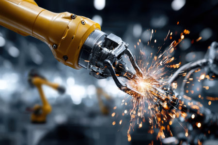 A robotic arm engages in welding, emitting bright sparks in an advanced manufacturing environment.の写真素材