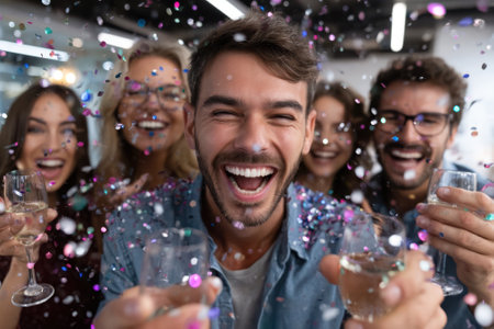 A group of cheerful friends raise their glasses, celebrating with laughter and colorful confetti around them.の写真素材