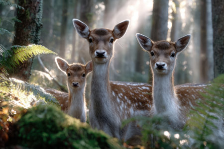 Three spotted deer observe their surroundings in a tranquil forest illuminated by morning light.の写真素材