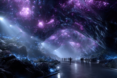 A group of people hike through a stunning cave adorned with vibrant purple illumination and crystal formations.の写真素材