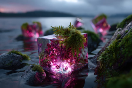 Unique translucent ice cubes feature vibrant moss and crystals, creating a captivating contrast by the water's edge.の写真素材