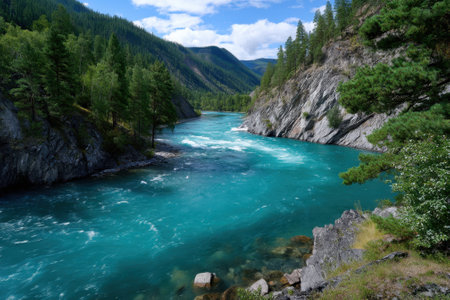 Turquoise water meanders through rocky landscapes surrounded by lush greenery and mountainous terrain.の写真素材