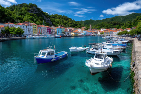 Boats rest gently in turquoise waters of the harbor, framed by vibrant buildings and rolling hills.の写真素材