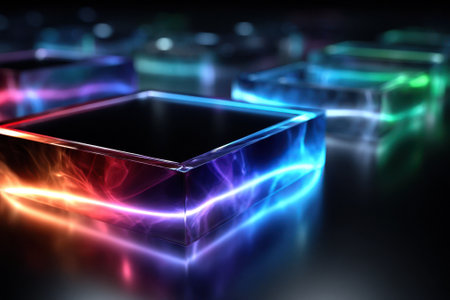 Brightly lit glass squares in various colors are arranged artistically on a dark surface, creating a stunning effect.の写真素材